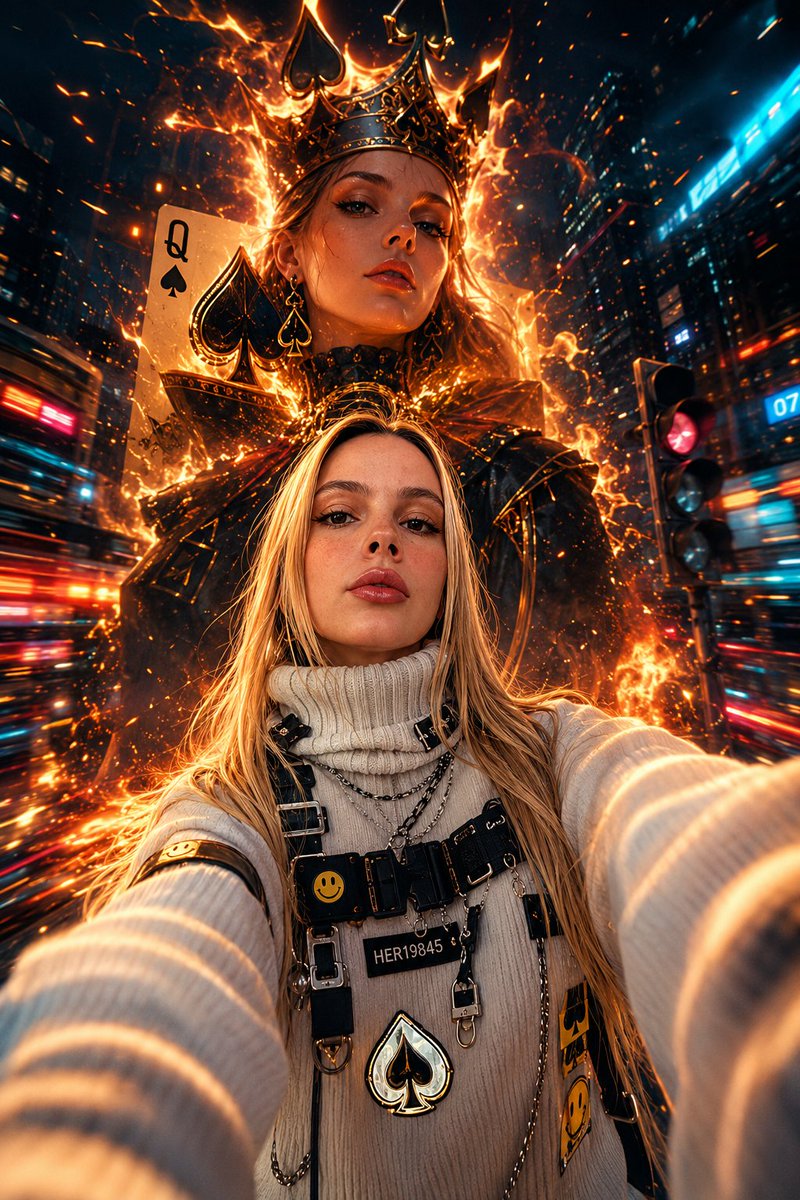 超精细电影级赛博朋克女王肖像：来自附件图片中的一名强悍年轻女子，夜间在霓虹灯光的城市中以低角度广角镜头自拍，她穿着一件 oversized 白色罗纹战术高领毛衣，配有黑色未来感束带、金属带扣、...