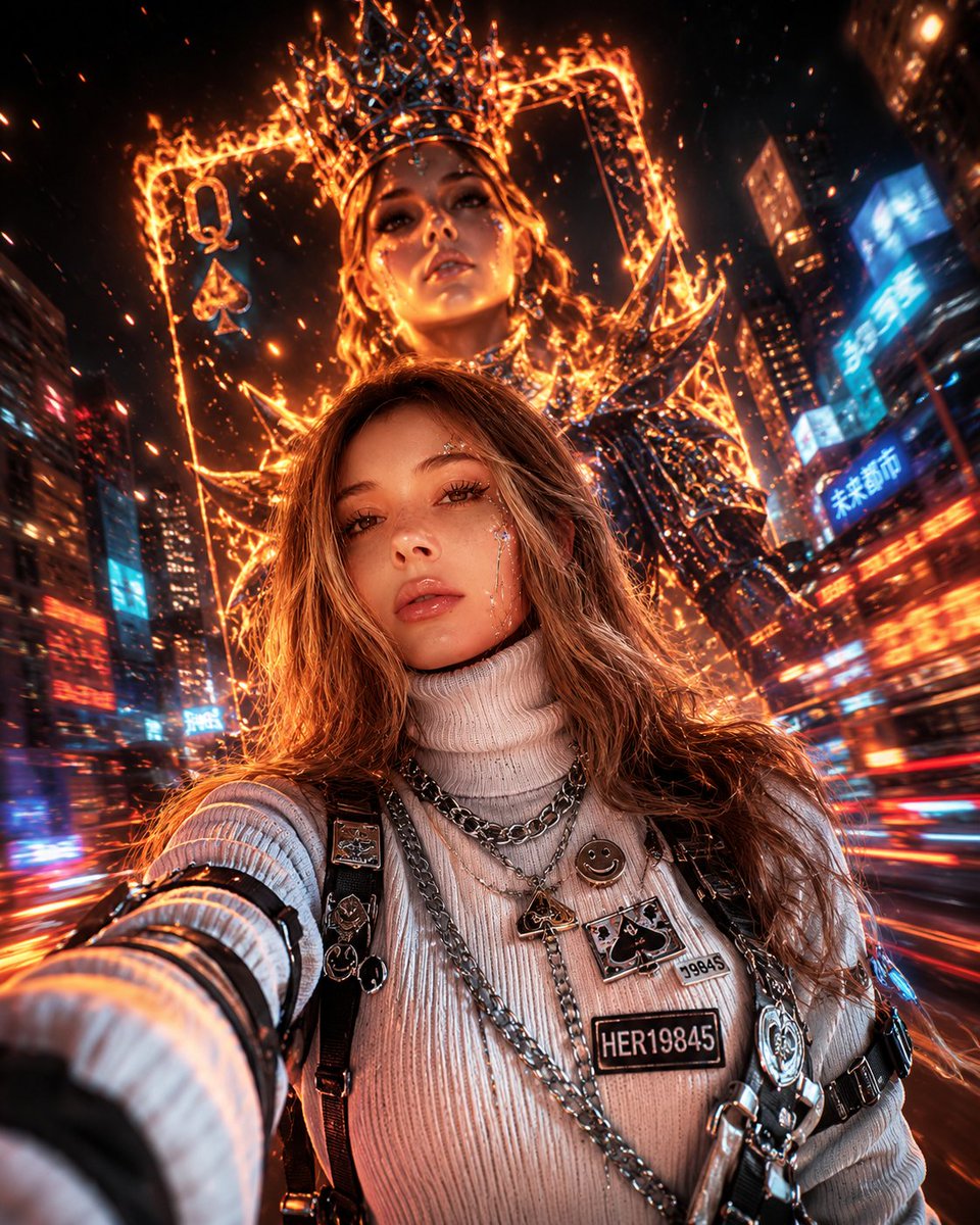超精细电影级赛博朋克女王肖像：来自附件图片中的一名强悍年轻女子，夜间在霓虹灯光的城市中以低角度广角镜头自拍，她穿着一件 oversized 白色罗纹战术高领毛衣，配有黑色未来感束带、金属带扣、...