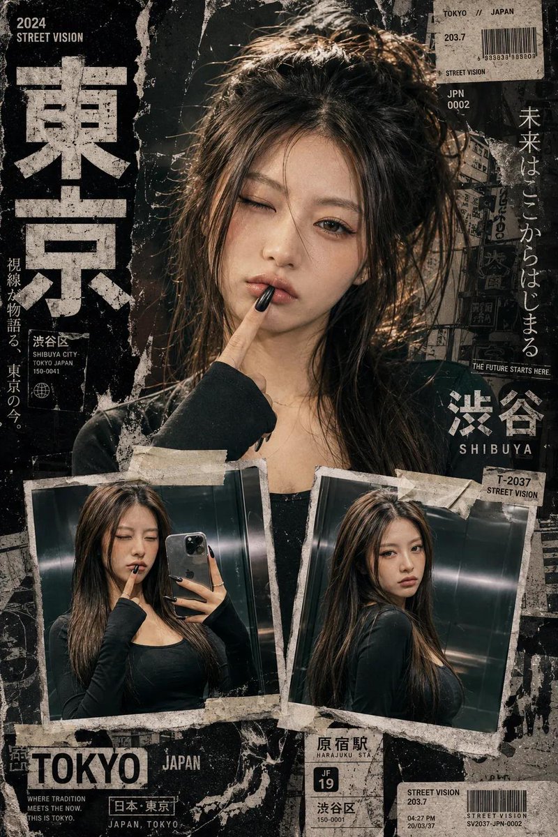 创作一张大胆的 Y2K 日系街头编辑风拼贴海报,采用干净的顶级时尚杂志美学,带有粗犷的纸张质感、撕碎的杂志剪报、做旧的墨水飞溅和灵感来自都市东京的设计。 主体构图:顶部一张大幅电影感特写人像,...