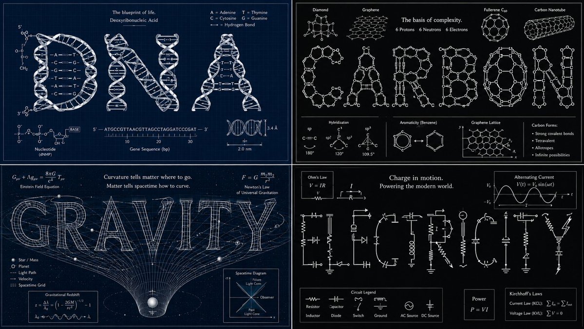 锚点：单词 "[SCIENTIFIC CONCEPT (e.g., CARBON / DNA / GRAVITY)]" :: 其中每个字母由与该概念相关的分子结构、原子键或物理图示构成 ::4...