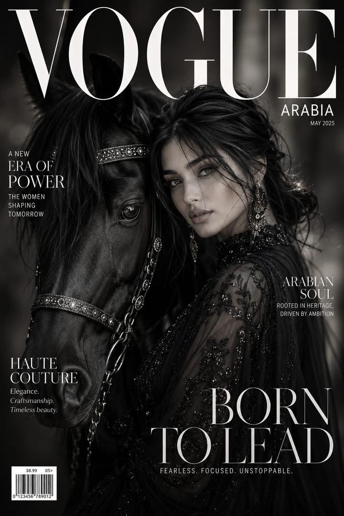 极致奢华版《Vogue Arabia》杂志封面，一位令人屏息的阿拉伯女性，拥有柔美女性气质、摄人心魄的杏仁形双眸、无瑕发光肌肤、丝滑飘逸的深色长发以及精致优雅的五官，伫立于一匹威严的黑色阿拉伯...