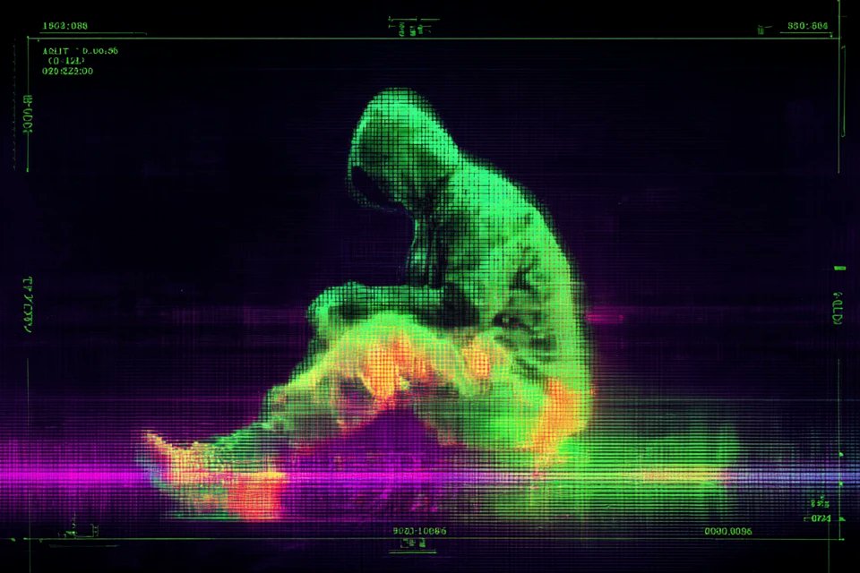 一张[subject]的热成像扫描图像，在像素化的深色背景上以发光的[color1]和[color2]热梯度显示。叠加了数据读数、网格线和诊断标记，画面让人联想到正在运行的未来派监控系统。主体...
