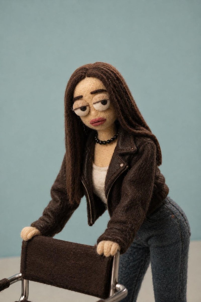 Transform the photo into a handmade needle-felt stop-motion puppet with ultra-detailed wool text...