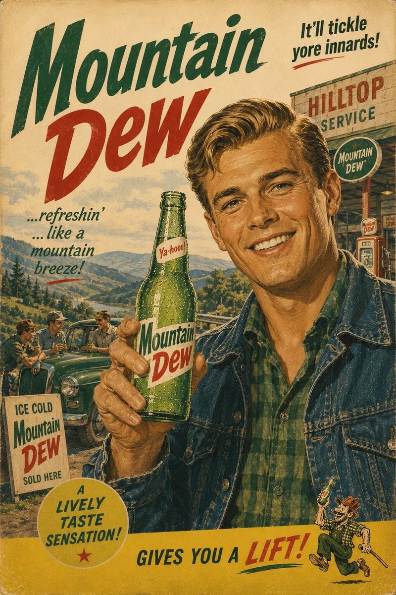 1960年代美国正宗复古广告海报，[BREW] 品牌，年代中期的商业插画风格，[人物描述] 手持一瓶带有冰霜的 [BREW] 玻璃瓶，明亮乐观的生活场景，怀旧的美国风情氛围，大胆运用 [COL...
