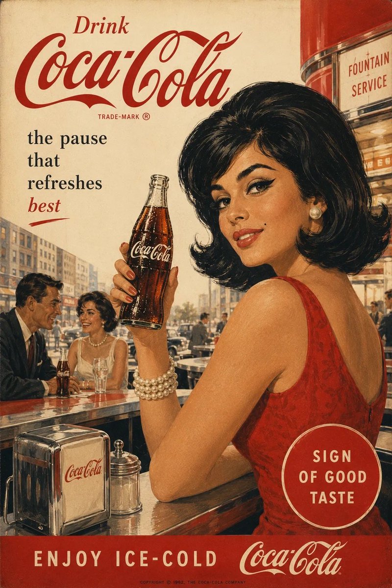 正宗的1960年代美国[ Brand]品牌广告海报，复古中世纪商业插画，[PERSON DESCRIPTION]手持一冰冰凉的[Brand]玻璃瓶，明亮乐观的生活场景，怀旧的美国风情，醒目的[...