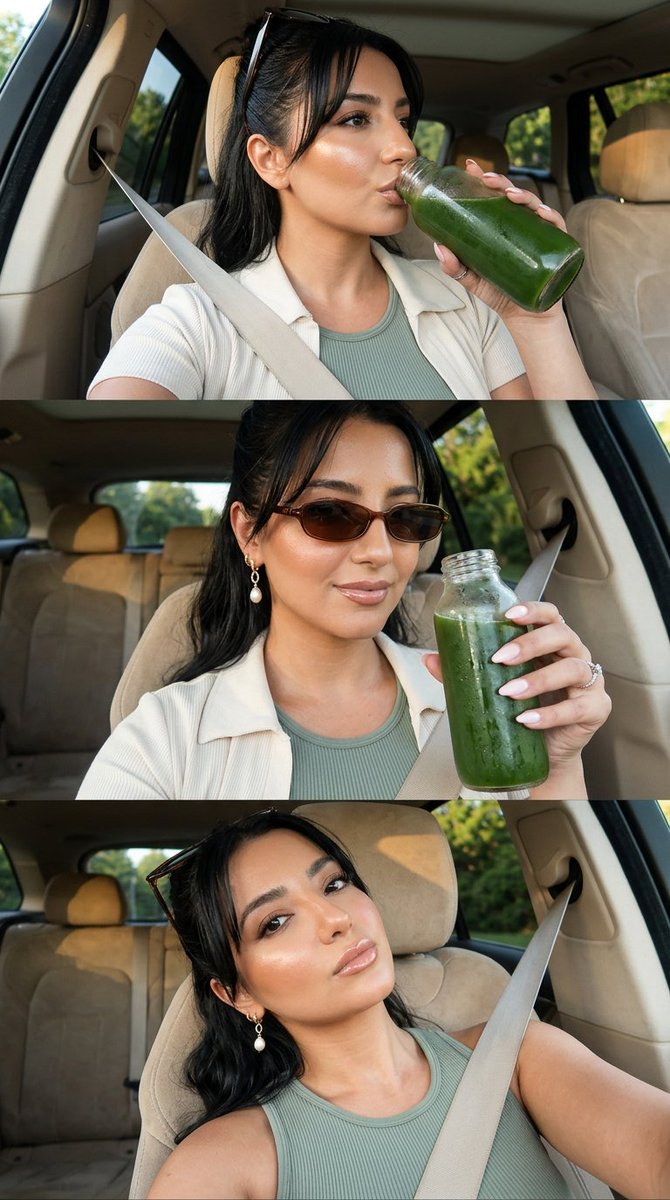 ultra-photorealistic Pinterest-core it-girl content, car-selfie aesthetic, clean girl detox mood...