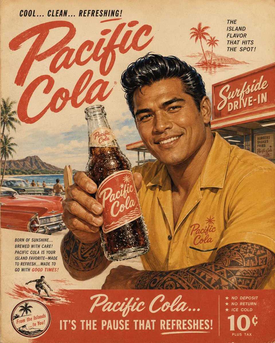 纯正的1960年代美国广告海报，[BREW]品牌，复古中世纪商业插画风格，[PERSON DESCRIPTION]手持一瓶结满冰霜的玻璃瓶[BREW]，明亮乐观的生活场景，怀旧的美国风情氛围，...