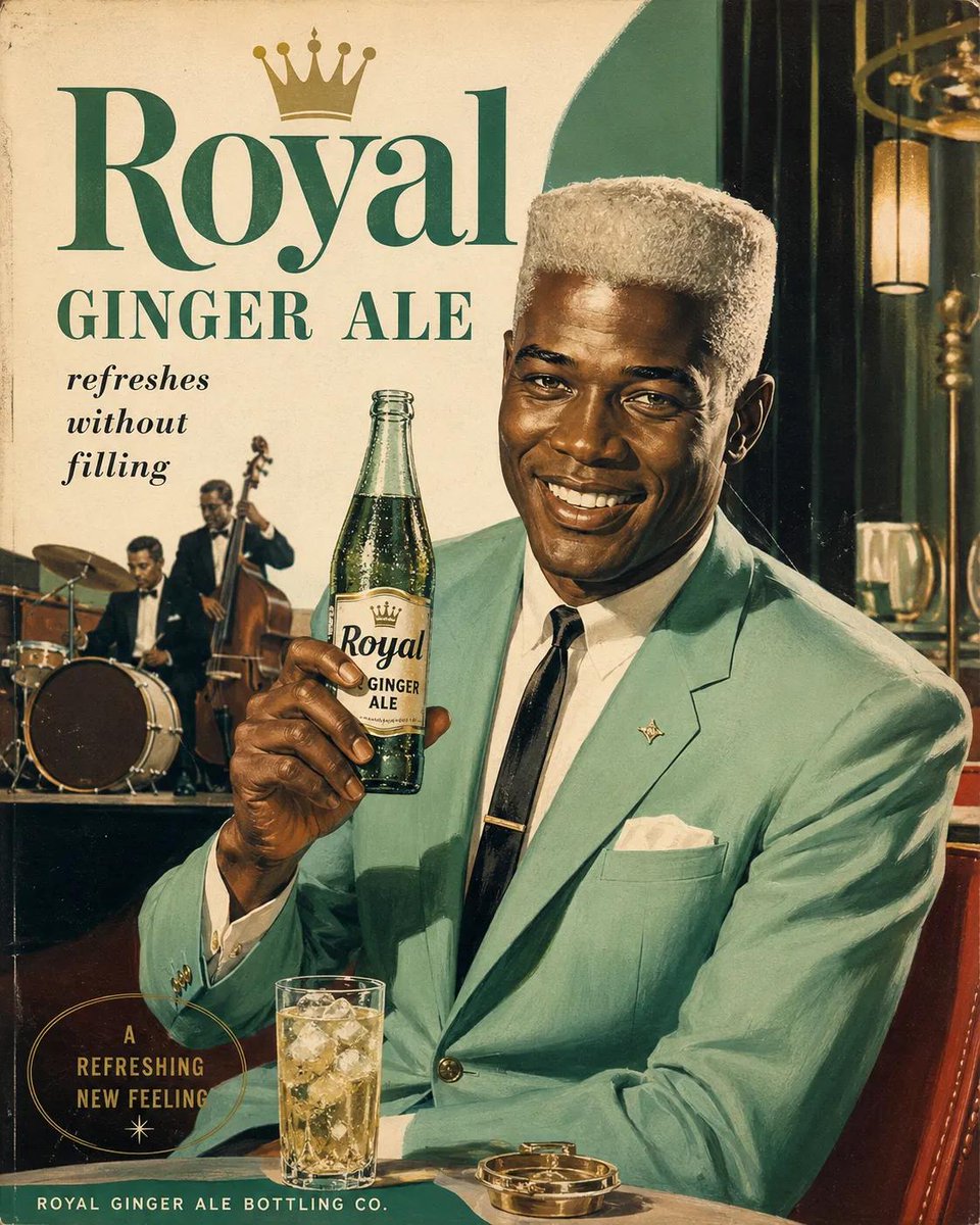 纯正的1960年代美国广告海报，[BREW]品牌，复古中世纪商业插画风格，[PERSON DESCRIPTION]手持一瓶结满冰霜的玻璃瓶[BREW]，明亮乐观的生活场景，怀旧的美国风情氛围，...