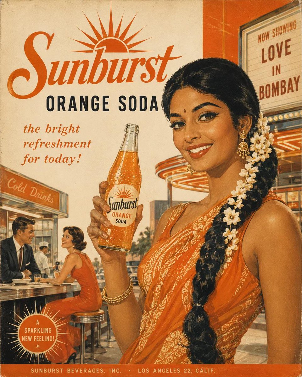 纯正的1960年代美国广告海报，[BREW]品牌，复古中世纪商业插画风格，[PERSON DESCRIPTION]手持一瓶结满冰霜的玻璃瓶[BREW]，明亮乐观的生活场景，怀旧的美国风情氛围，...