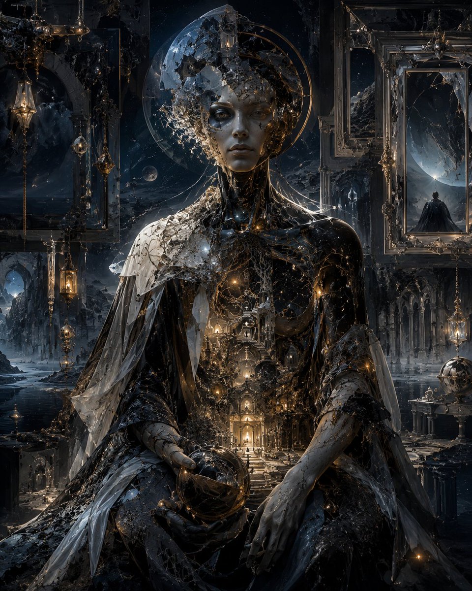 一位由碎裂的象牙瓷与黑色宇宙物质构成的庄严天神形象，端坐于古老的维度圣殿之中，大教堂般的建筑从她胸腔内部发光，仿佛整个文明都存在于她的躯体之内，漂浮的华丽画框与悬垂的灯笼环绕四周，神圣的宇宙氛...