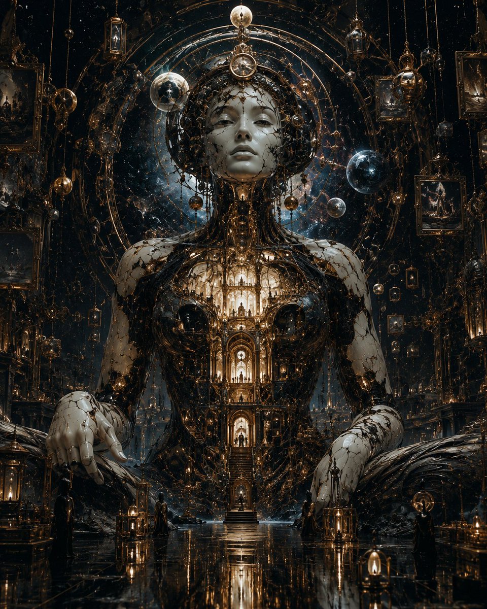 一位由碎裂的象牙瓷与黑色宇宙物质构成的庄严天神形象，端坐于古老的维度圣殿之中，大教堂般的建筑从她胸腔内部发光，仿佛整个文明都存在于她的躯体之内，漂浮的华丽画框与悬垂的灯笼环绕四周，神圣的宇宙氛...