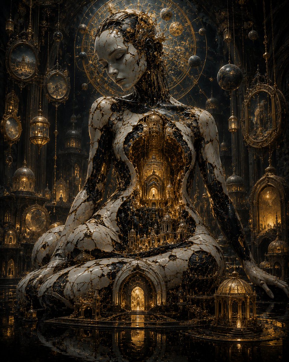 一位由碎裂的象牙瓷与黑色宇宙物质构成的庄严天神形象，端坐于古老的维度圣殿之中，大教堂般的建筑从她胸腔内部发光，仿佛整个文明都存在于她的躯体之内，漂浮的华丽画框与悬垂的灯笼环绕四周，神圣的宇宙氛...