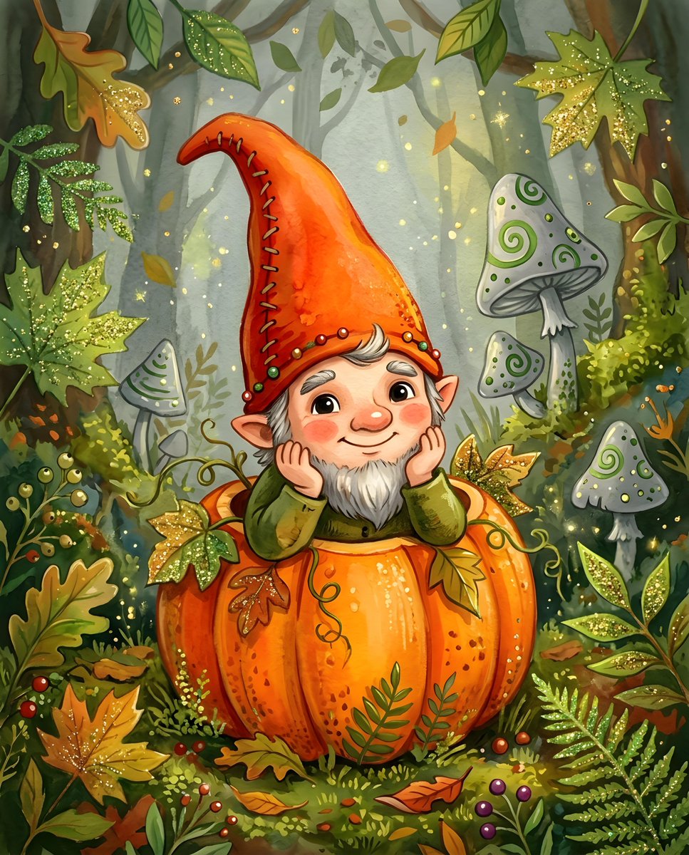 一幅充满奇趣的插画中，有一位小矮人戴着一顶大大的橙色尖帽，帽子上装饰着红色的缝线。小矮人长着一张圆圆的脸庞，有着一双又大又黑的眼睛、红扑扑的脸颊和甜美的笑容。它从一颗鲜橙色南瓜的顶部探出身子，...