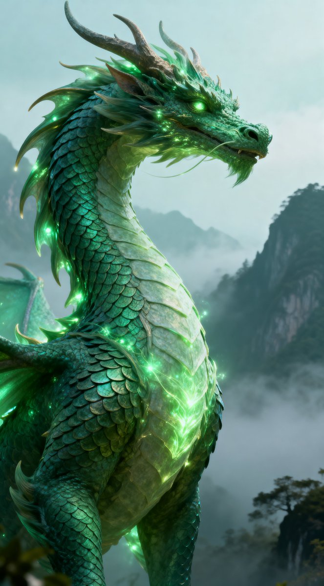 威严的远古翡翠绿龙，全身肖像，昂首挺立，姿态优雅，鳞片散发柔和的魔法光芒，神情温柔而有力，雾气缭绕的山峦背景，鳞片细节精致复杂，电影级奇幻光影，空灵缥缈的氛围 --ar 9:16 --styl...