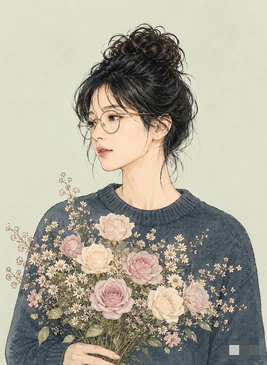 一幅精确的线稿插画肖像，采用独特的Miki风格，线条干净分明、轮廓为深色，配以极简、微妙的水彩淡彩着色。 主体：一位性别中立的单人，自然中长深色头发，戴着圆形细框眼镜，身穿一件简约的深蓝灰色针...