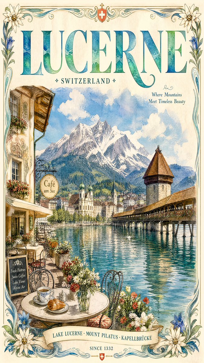 复古水彩旅行海报插画，描绘您的城市，优雅的目的地艺术作品，捕捉明亮自然的白天氛围，以俯瞰穿城而过的平静反光河流或湖泊的浪漫咖啡馆露台为特色，配以风景如画的桥梁、绿树成荫的步道，以及融合历史与现...