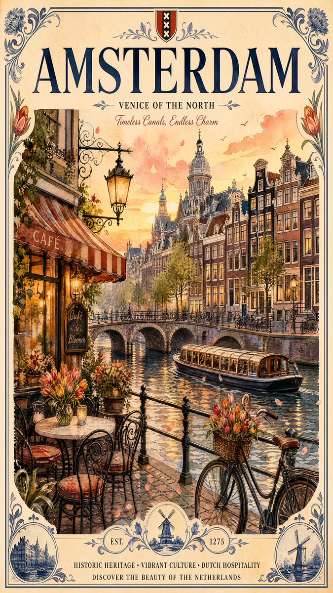 复古水彩旅行海报插画，描绘您的城市，优雅的目的地艺术作品，捕捉明亮自然的白天氛围，以俯瞰穿城而过的平静反光河流或湖泊的浪漫咖啡馆露台为特色，配以风景如画的桥梁、绿树成荫的步道，以及融合历史与现...
