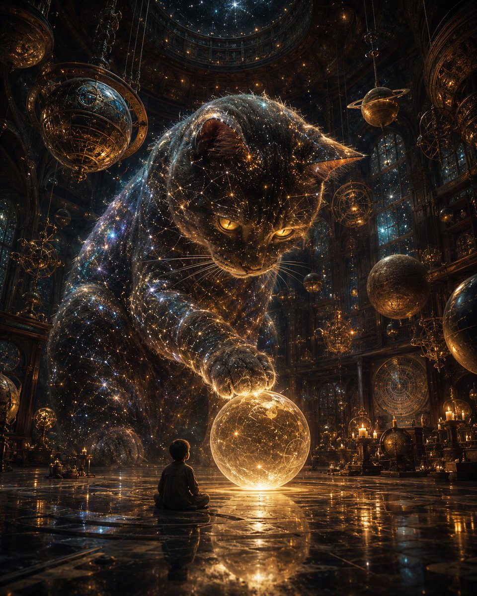 一只由星辰与星系构成的巨大宇宙猫，置身于一座烛光摇曳、浩瀚广阔的天体厅堂之中，它那散发着金色光芒的双眸照亮了悬浮的行星球体与精妙繁复的天文器具；一个孤独的孩子静静地坐在这头巨兽面前，巨兽以爪子...