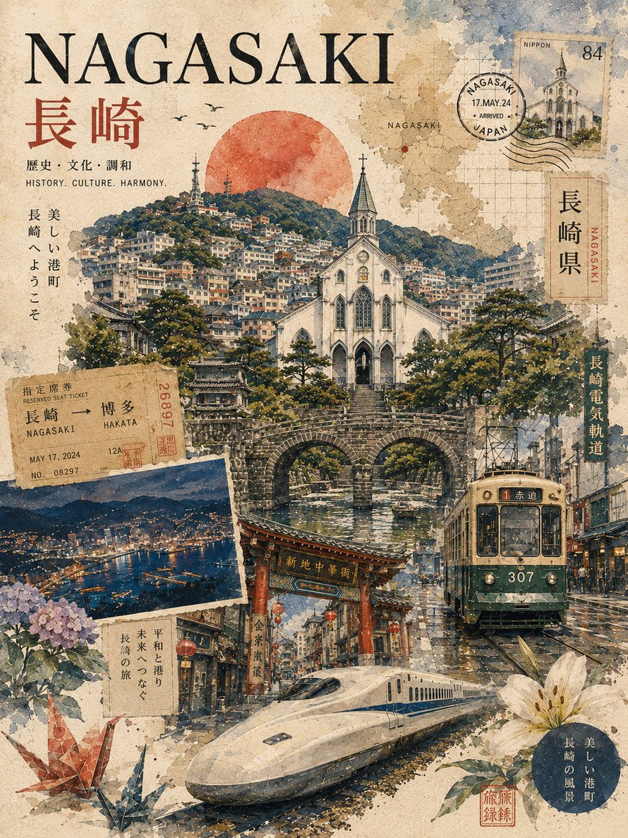 复古风格的长崎日本旅行拼贴海报，采用怀旧的水彩与水墨混合媒介风格设计，带有做旧纸张纹理和复古旅游美学。中心构图描绘了标志性的白色天主教堂矗立于宁静运河上的石桥之间，周围是被山坡房屋环绕、依山而...