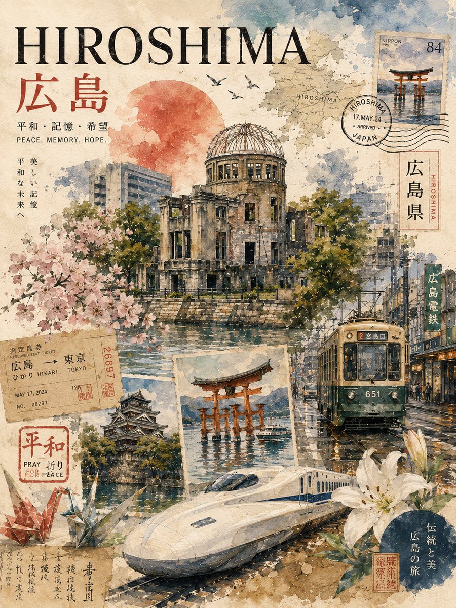 复古风格的长崎日本旅行拼贴海报，采用怀旧的水彩与水墨混合媒介风格设计，带有做旧纸张纹理和复古旅游美学。中心构图描绘了标志性的白色天主教堂矗立于宁静运河上的石桥之间，周围是被山坡房屋环绕、依山而...