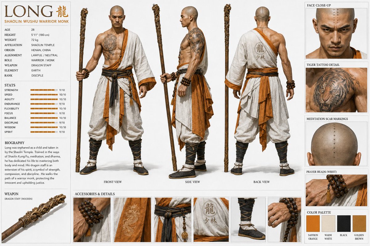为少林武术武僧"LONG"（龙）设计的高度详细的写实角色设计图。正面、侧面和背面视图。年龄28岁，体型完美匀称、精瘦有肌肉。身穿藏红花黄与白色少林僧袍，僧袍半敞，露出带有猛虎纹身的健硕胸膛。武...
