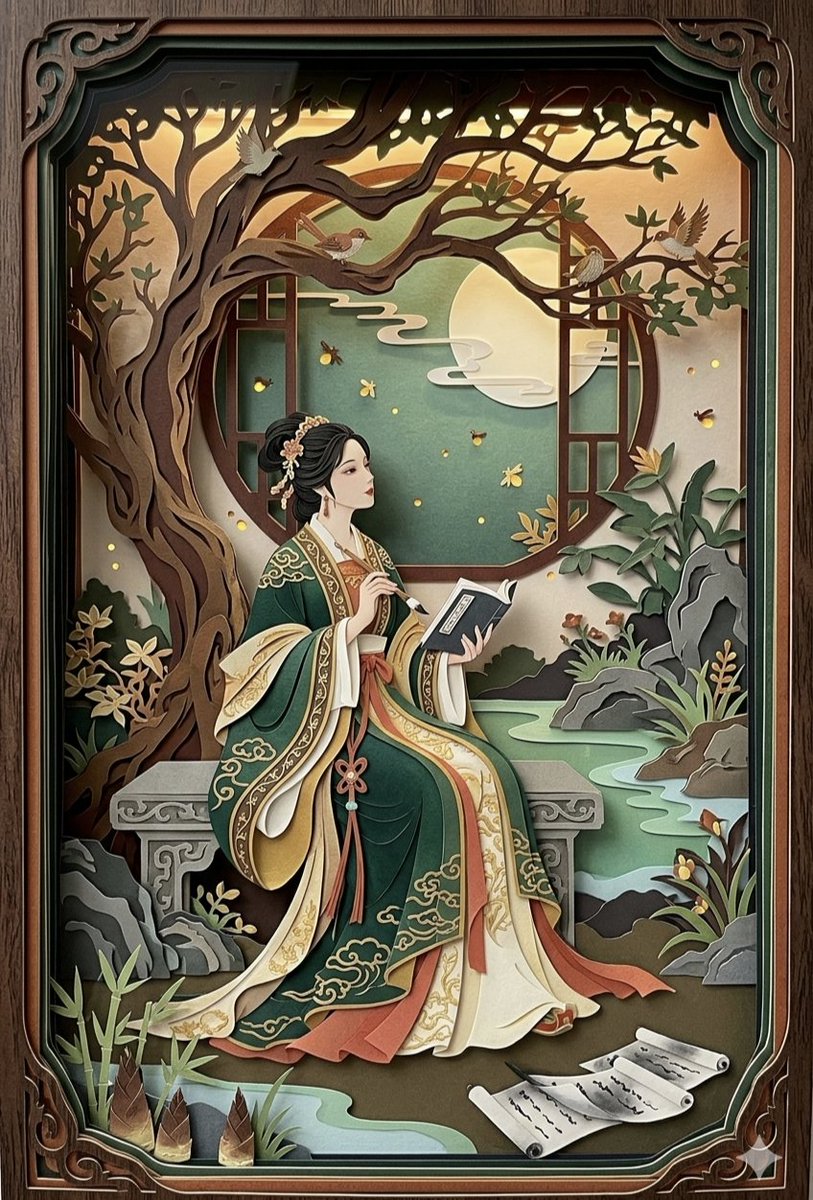 这件剪纸立体相框艺术品精心分层呈现了一幅融合自然与文人雅趣的场景。画面中心是一位举止优雅的女子，身着深绿、金色与米白相间的传统多层中式长袍，端坐在一张装饰华丽的石凳上。她手持毛笔，正在书写或阅...