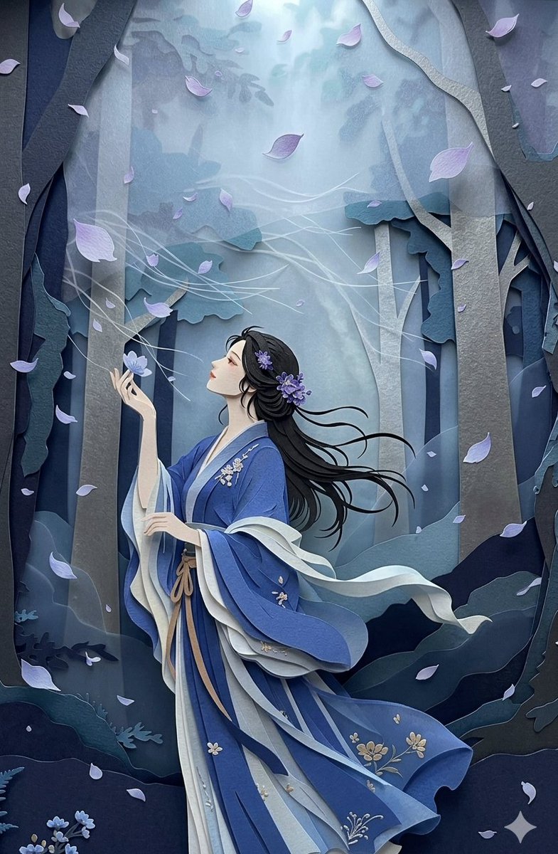 这件剪纸立体相框艺术品精心分层呈现了一幅融合自然与文人雅趣的场景。画面中心是一位举止优雅的女子，身着深绿、金色与米白相间的传统多层中式长袍，端坐在一张装饰华丽的石凳上。她手持毛笔，正在书写或阅...