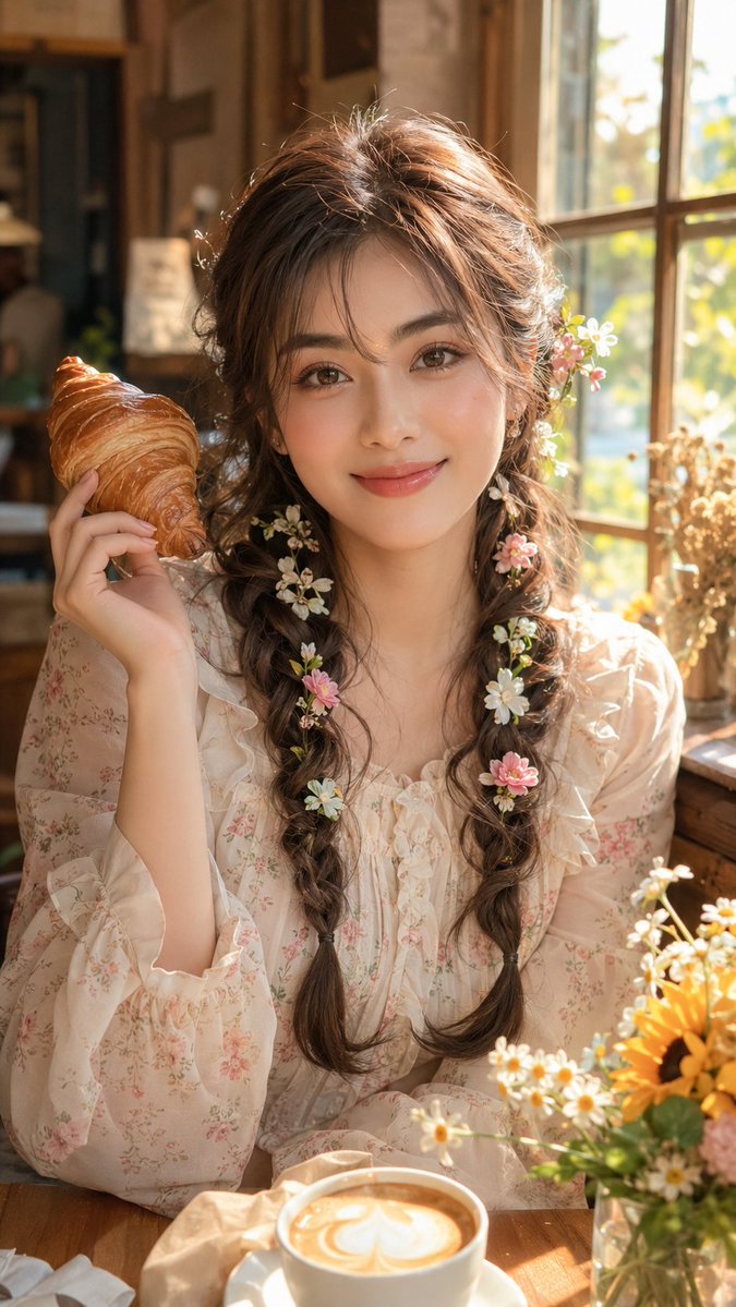 电影感超写实肖像照:一位美丽年轻的亚洲女性优雅地坐在一家温馨有氛围感的咖啡馆内,紧邻一扇宽大的木框窗户,温暖的自然阳光倾洒而入,柔和的金色晨光照亮她白皙发光、精致细腻的面部肌肤与五官,一头长长...
