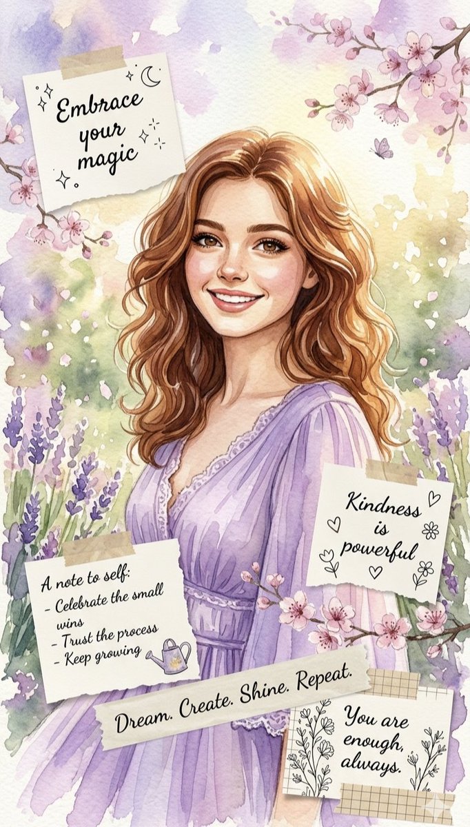 一幅美丽的水彩插画，画中是一位微笑着的年轻女子，留着长长的波浪状棕色长发，身着飘逸的紫色长裙。她身处宁静的背景之中，周围环绕着柔和的紫色薰衣草花田和精致的樱花枝条。在她周围用胶带贴附着几张异想...