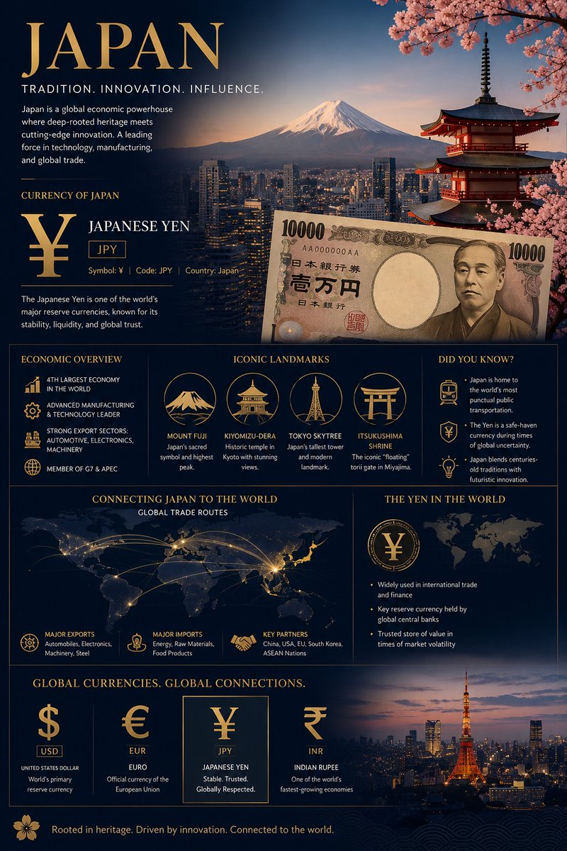 “关于日本全球经济与文化影响力的超详细信息图海报，奢华金融杂志美学，深海军蓝与金色配色方案，电影级编辑版面，包含日落时分的富士山、闪烁着光芒的摩天大楼东京天际线、传统日式宝塔寺院、前景的樱花枝...