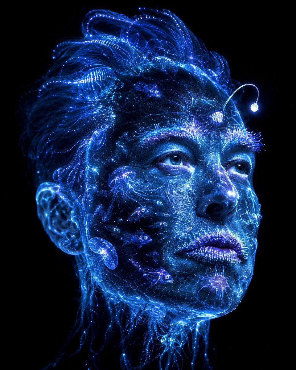如果你由海洋最深处构成，会是什么样子？🌊🔦 给我一个🔁，我会给你展示更多→ 适用于ChatGPT Imagine 2.0或Gemini Nano 2.0的提示词： 使用上传的图片作为严格的主体...