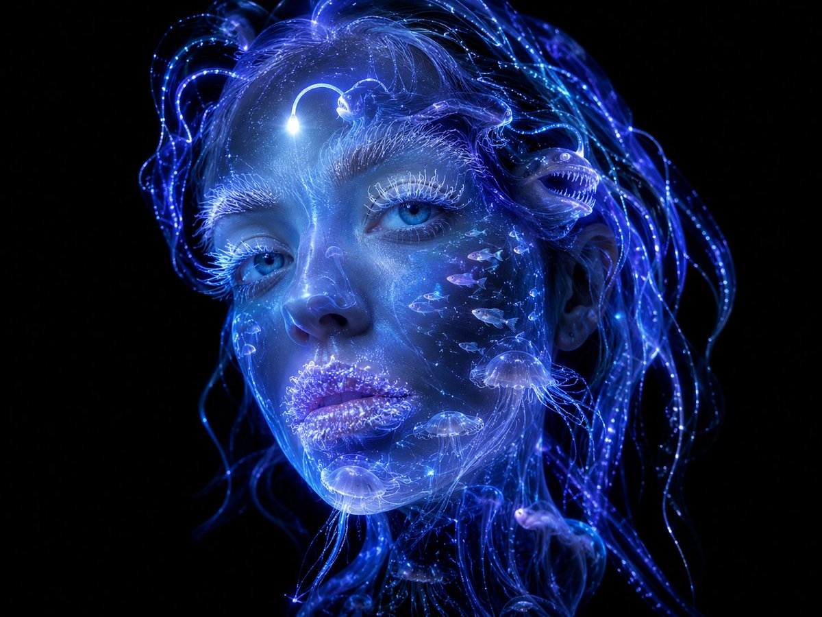 如果你由海洋最深处构成，会是什么样子？🌊🔦 给我一个🔁，我会给你展示更多→ 适用于ChatGPT Imagine 2.0或Gemini Nano 2.0的提示词： 使用上传的图片作为严格的主体...