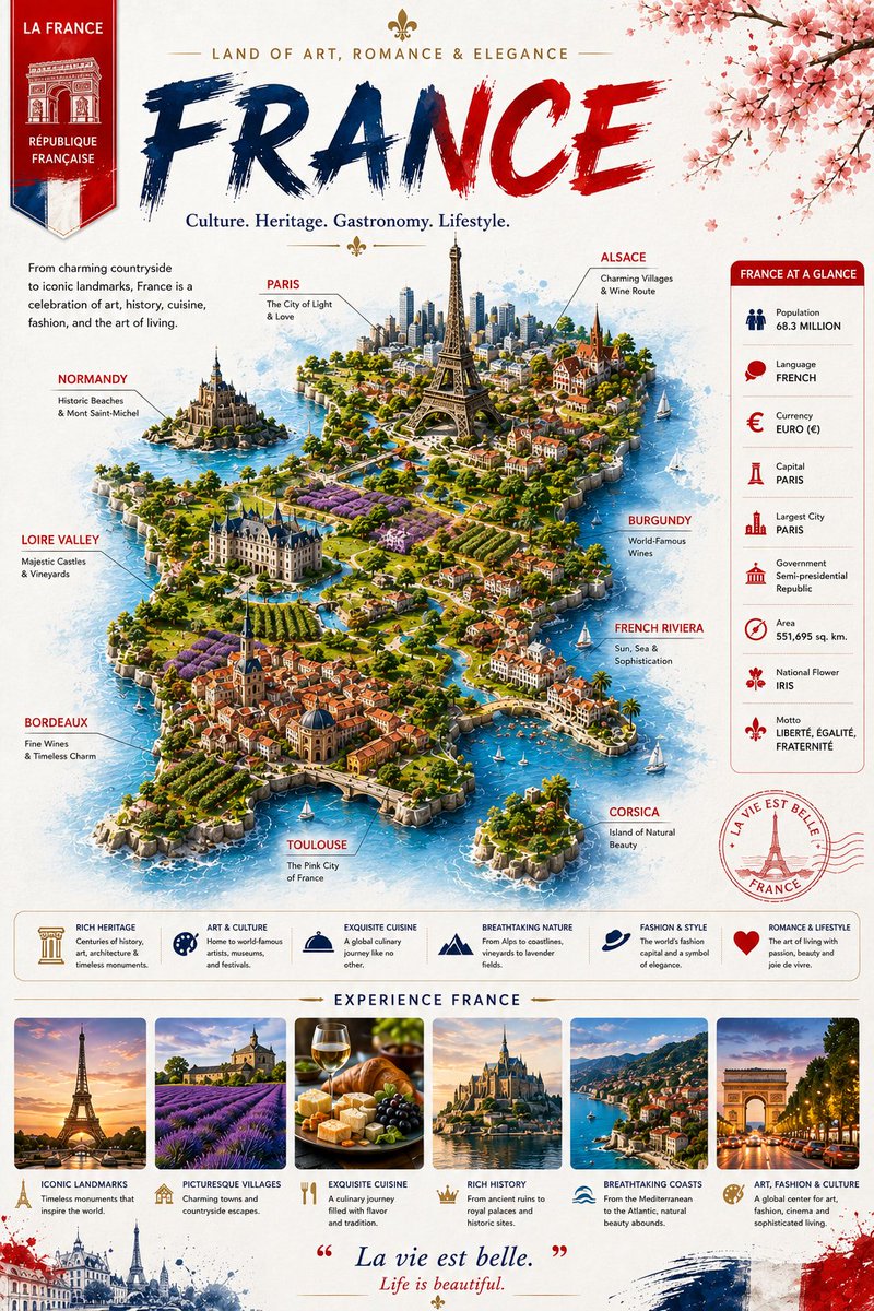 创作一张关于法国（FRANCE）的超高端编辑级旅行信息图表海报，采用简洁的竖版 3:4 比例。 风格： 奢华旅行编辑风与电影感微缩世界设计相融合。 融合元素： - 现代旅游海报 - 顶级杂志排...