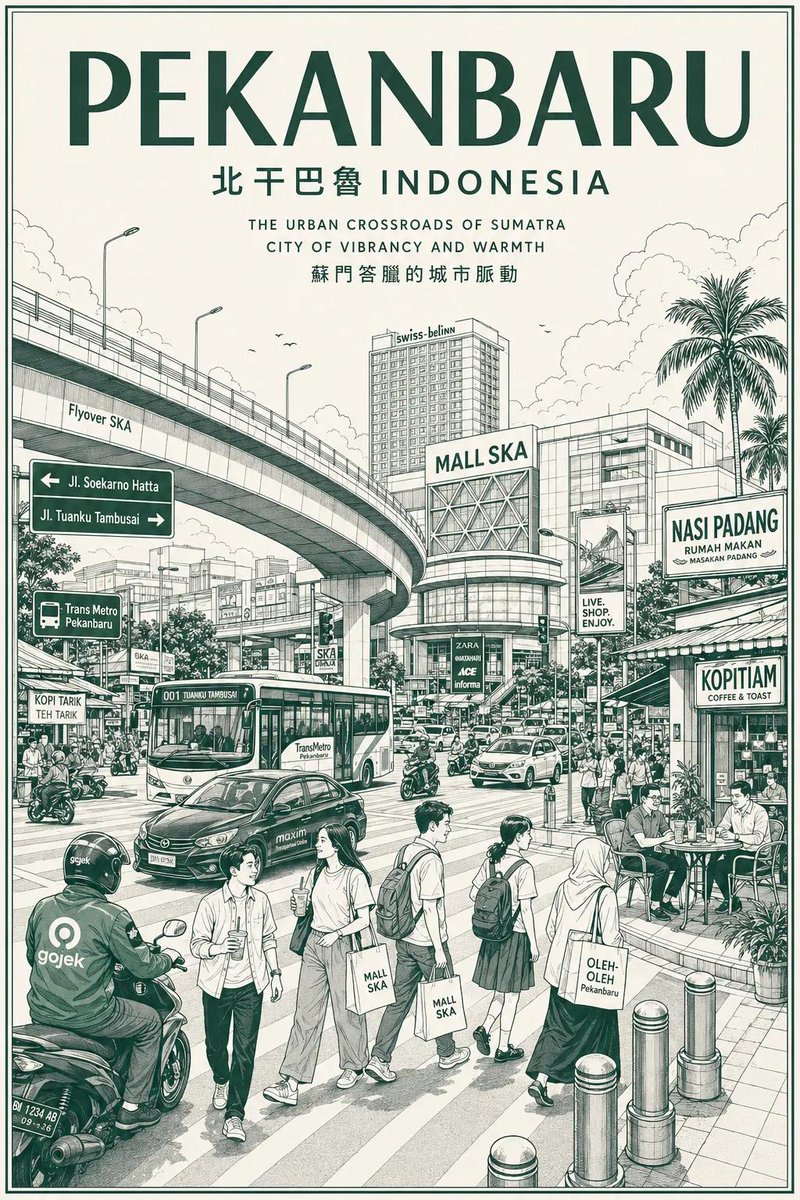 复古单色城市旅行海报插画，详细的都市素描美学，简洁的建筑线条艺术与柔和的水彩晕染相融合，现代东南亚城市氛围，极简的绿色与米色配色，优雅的旅行海报字体，顶部大字粗体城市名称，带亚洲字符的双语字体...