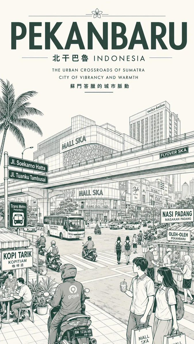 复古单色城市旅行海报插画，详细的都市素描美学，简洁的建筑线条艺术与柔和的水彩晕染相融合，现代东南亚城市氛围，极简的绿色与米色配色，优雅的旅行海报字体，顶部大字粗体城市名称，带亚洲字符的双语字体...