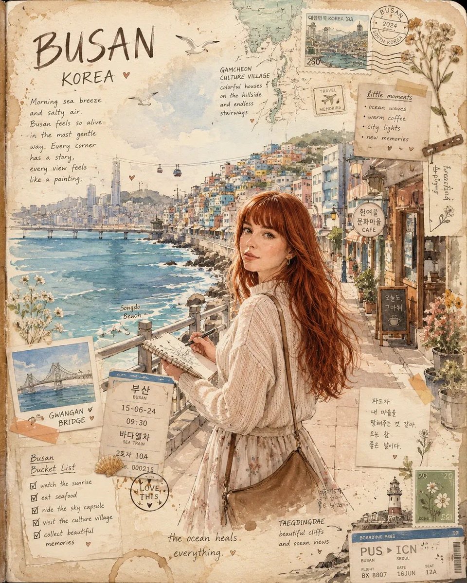 梦幻韩国釜山旅行日志插画,舒适复古剪贴簿美学,水彩与墨水艺术风格,红发女孩坐在海边咖啡馆在笔记本上书写,米色针织开衫,碎花连衣裙,电影感海景,悬崖上色彩斑斓的甘川文化村房屋,韩文招牌,旅行印章...