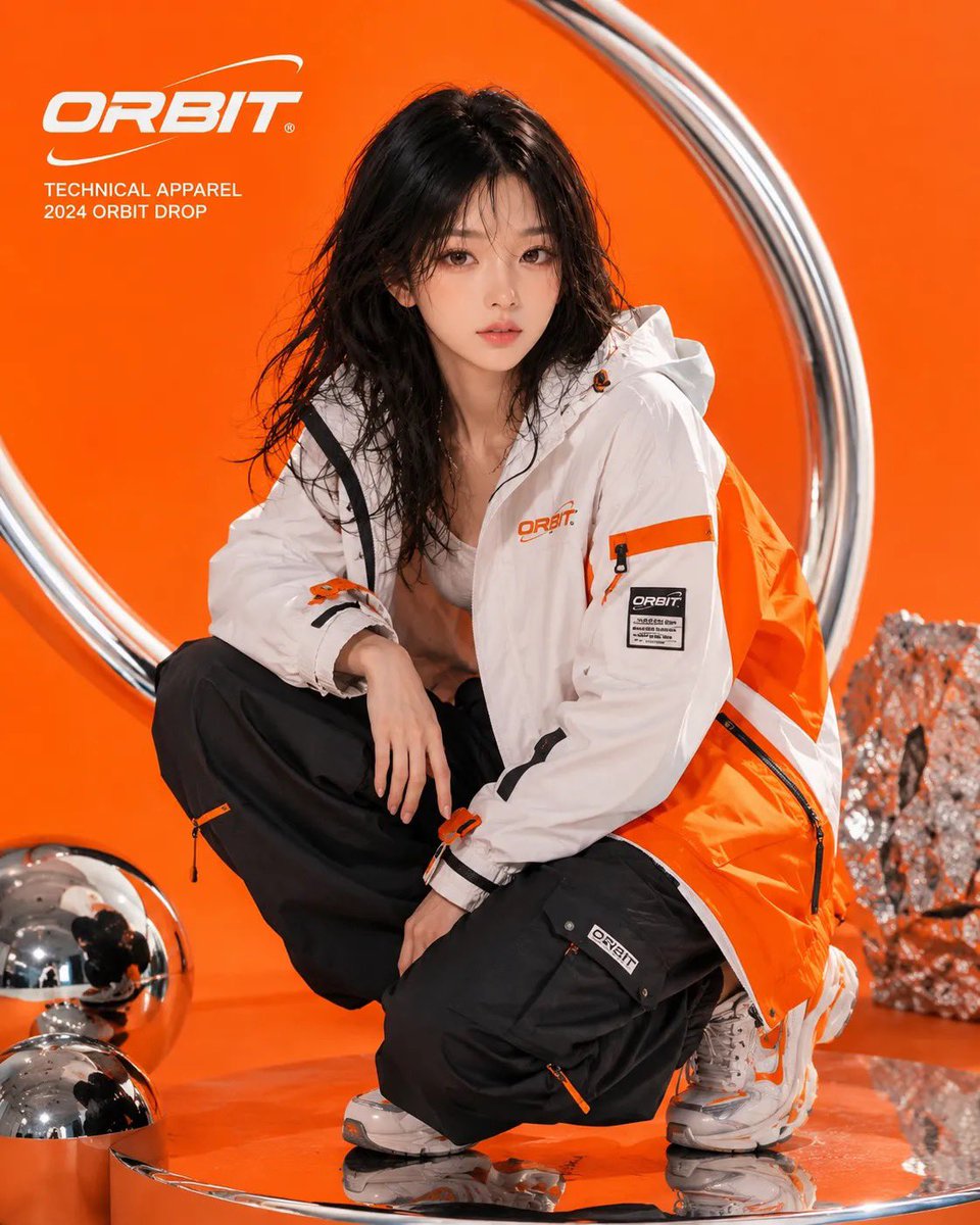 半写实动漫风格的上传图片中的年轻韩国女性，ORBIT 品牌广告大片，超大号核能橙与白色科技夹克，宽松黑色长裤，未来感运动鞋，鲜艳橙色无缝背景背景纸，铬银色道具，圆形轨道形状，锐利闪光摄影，高端...
