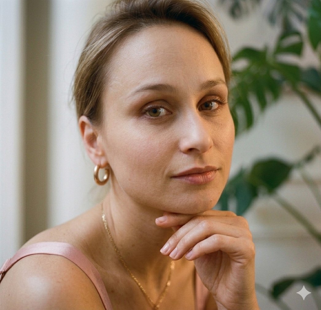 一位时髦的金发女郎面带温暖的笑容，在一间光线明亮的现代住宅中优雅地摆出姿势，屋内摆满了郁郁葱葱的绿色室内植物。她先是身穿粉色钩织上衣开怀大笑，随后画面过渡到她身穿丝质吊带裙，若有所思地坐着，手...