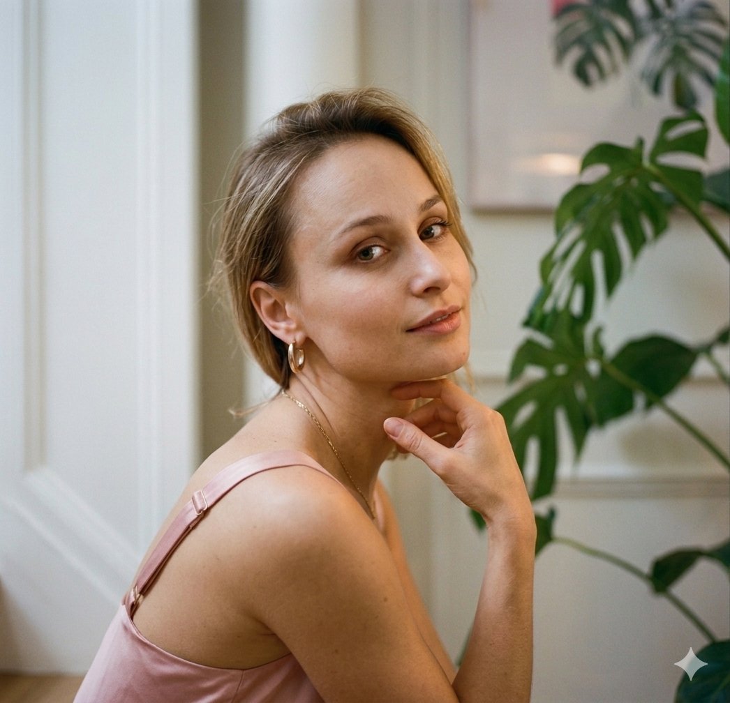 一位时髦的金发女郎面带温暖的笑容，在一间光线明亮的现代住宅中优雅地摆出姿势，屋内摆满了郁郁葱葱的绿色室内植物。她先是身穿粉色钩织上衣开怀大笑，随后画面过渡到她身穿丝质吊带裙，若有所思地坐着，手...