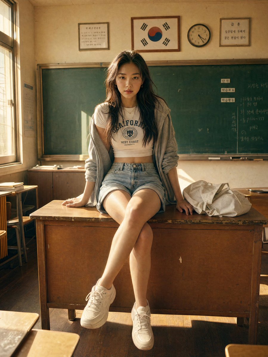 极致真实的肖像：一位美丽的韩国女子在下午晚些时候的黄金时段，自信地坐在木质课桌上，采用电影胶片摄影风格拍摄。 相机正前方略微仰拍。她优雅地坐在课桌上，面向镜头，双脚搭在课桌边缘，双膝并拢并微微...