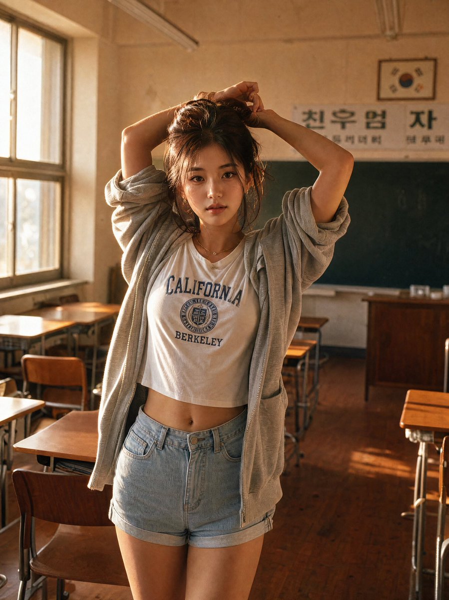 极致真实的肖像：一位美丽的韩国女子在下午晚些时候的黄金时段，自信地坐在木质课桌上，采用电影胶片摄影风格拍摄。 相机正前方略微仰拍。她优雅地坐在课桌上，面向镜头，双脚搭在课桌边缘，双膝并拢并微微...