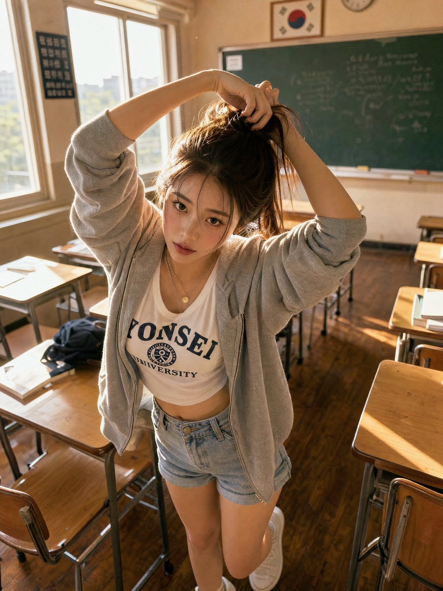 极致真实的肖像：一位美丽的韩国女子在下午晚些时候的黄金时段，自信地坐在木质课桌上，采用电影胶片摄影风格拍摄。 相机正前方略微仰拍。她优雅地坐在课桌上，面向镜头，双脚搭在课桌边缘，双膝并拢并微微...
