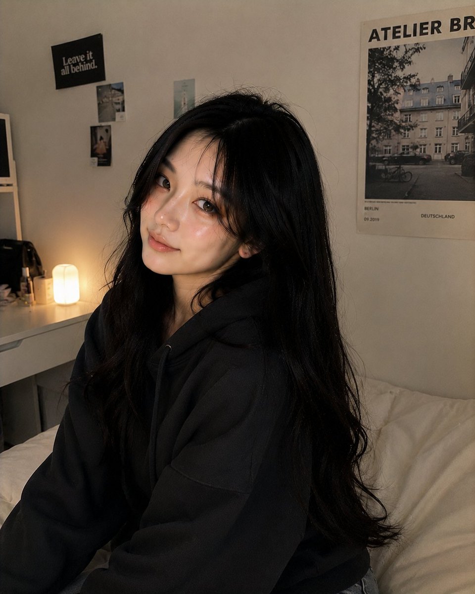 超写实的舒适卧室人像摄影，画面中是前几张图片中同一位美丽的韩国女孩，保持完全一致的面容、丝滑黑色长发、明亮有神的眼睛、柔和的腮红妆容、年轻化的韩式美学以及真实统一的皮肤质感。 她舒适地趴在一张...