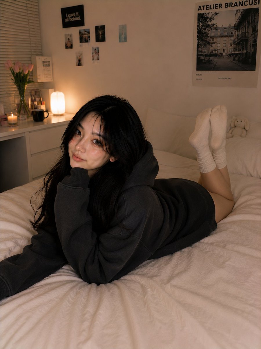 超写实的舒适卧室人像摄影，画面中是前几张图片中同一位美丽的韩国女孩，保持完全一致的面容、丝滑黑色长发、明亮有神的眼睛、柔和的腮红妆容、年轻化的韩式美学以及真实统一的皮肤质感。 她舒适地趴在一张...