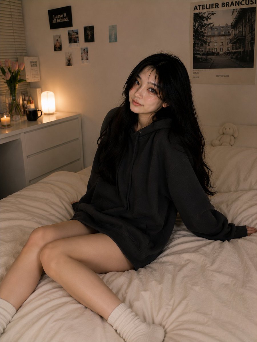 超写实的舒适卧室人像摄影，画面中是前几张图片中同一位美丽的韩国女孩，保持完全一致的面容、丝滑黑色长发、明亮有神的眼睛、柔和的腮红妆容、年轻化的韩式美学以及真实统一的皮肤质感。 她舒适地趴在一张...