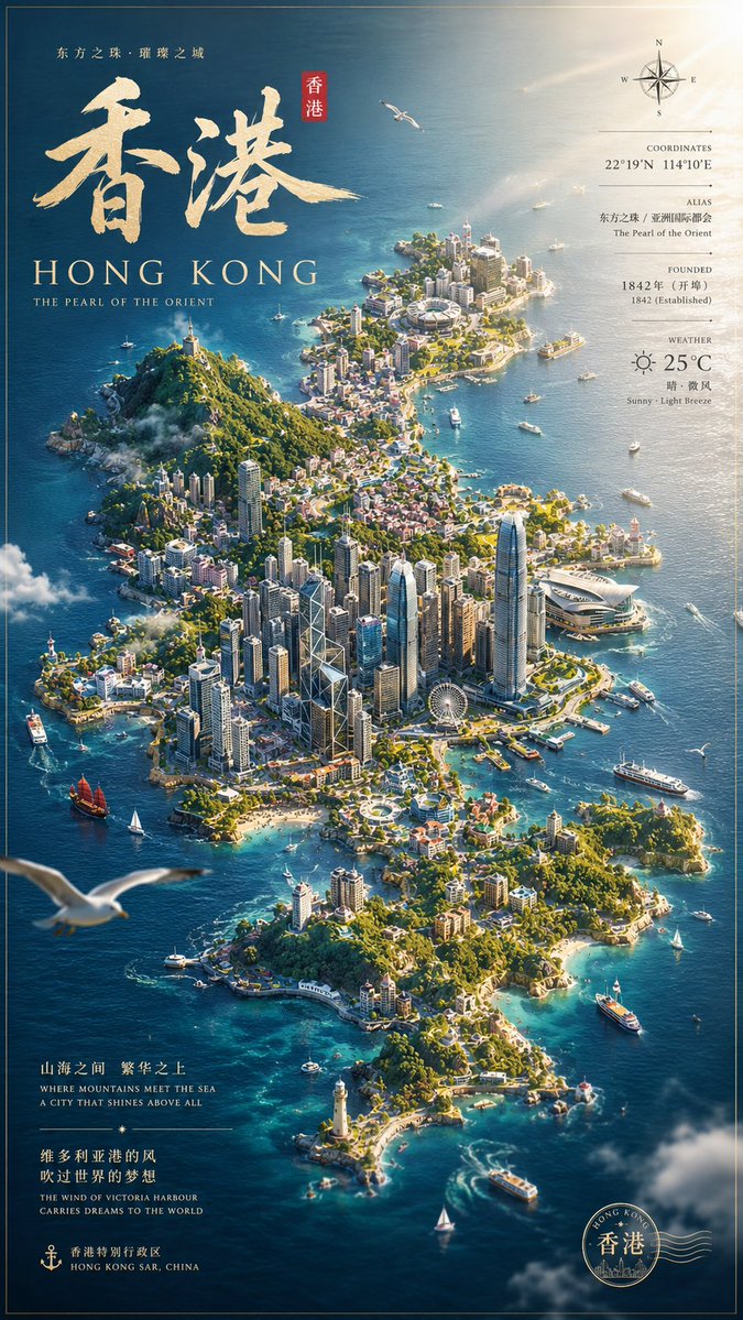 为 {City Name} 生成一张城市渲染的数字艺术海报,采用 9:16 竖版构图。 画面的核心主体是一座漂浮于水面之上的微型城市岛屿,占据画面绝大部分视觉空间。 岛屿的外轮廓必须严格遵循...
