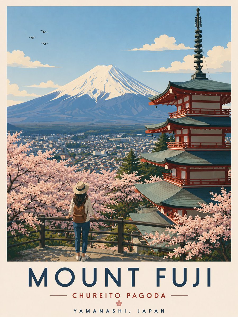 一幅极简主义、超高分辨率的复古旅行海报，描绘日本山梨县樱花季的富士山与忠灵塔（Chureito Pagoda）。画面构图：标志性的红色五层忠灵塔位于右侧，俯瞰着宁静的日本小镇；宏伟的雪顶富士山...