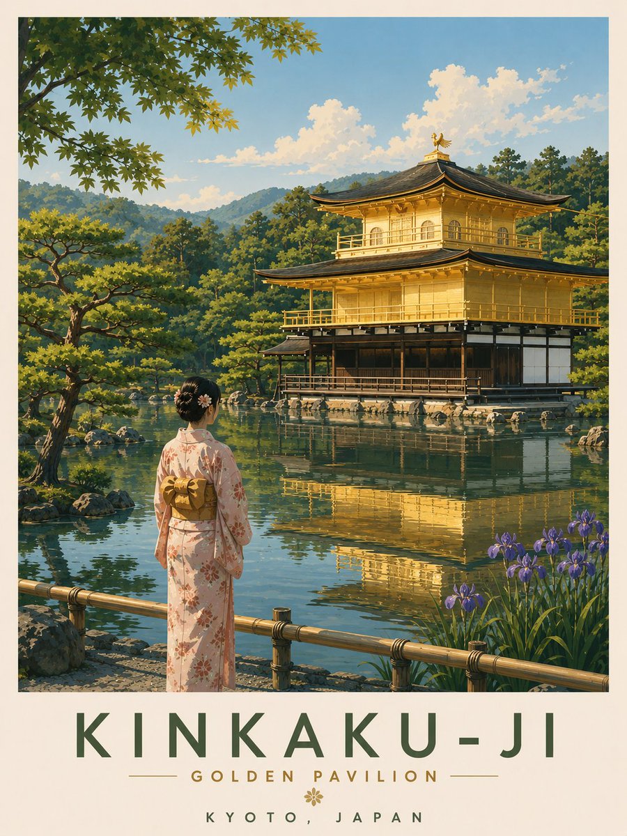 一幅极简主义、超高分辨率的复古旅行海报，描绘日本山梨县樱花季的富士山与忠灵塔（Chureito Pagoda）。画面构图：标志性的红色五层忠灵塔位于右侧，俯瞰着宁静的日本小镇；宏伟的雪顶富士山...