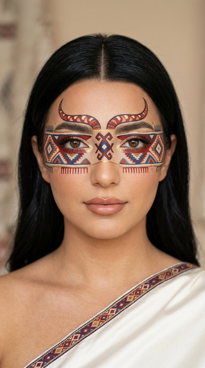 luxury editorial beauty portrait inspired by Anatolian kilim motifs, woven symbolism, and coutur...