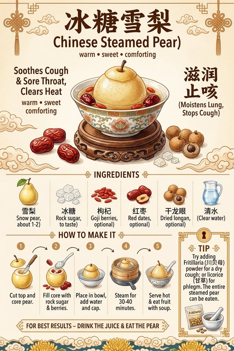 一份关于冰糖雪梨（Bingtang Xueli / 冰糖雪梨）的信息图式食谱海报，采用温暖、传统的中国艺术风格设计，配以优雅的云纹、中国结图案以及复古羊皮纸背景。 顶部，主标题以优雅的中文书法...